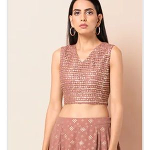 Indowestern Dusty Pink Sequin V-Neck Crop Top